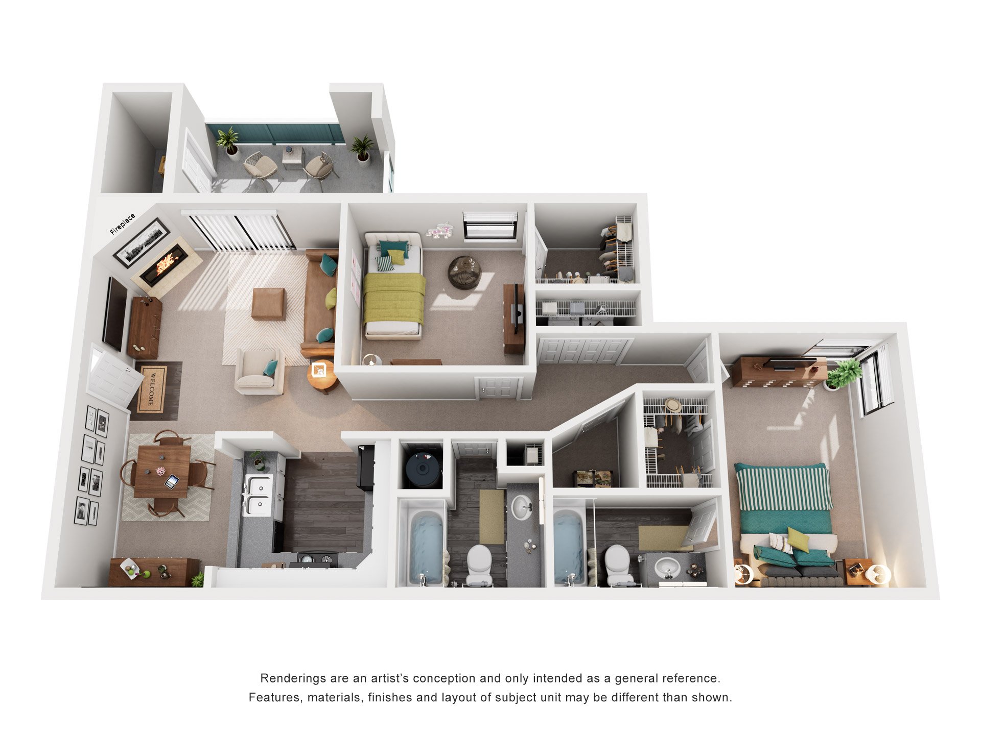 Floor plan for 2 beds, 2 baths, 1162 sqft